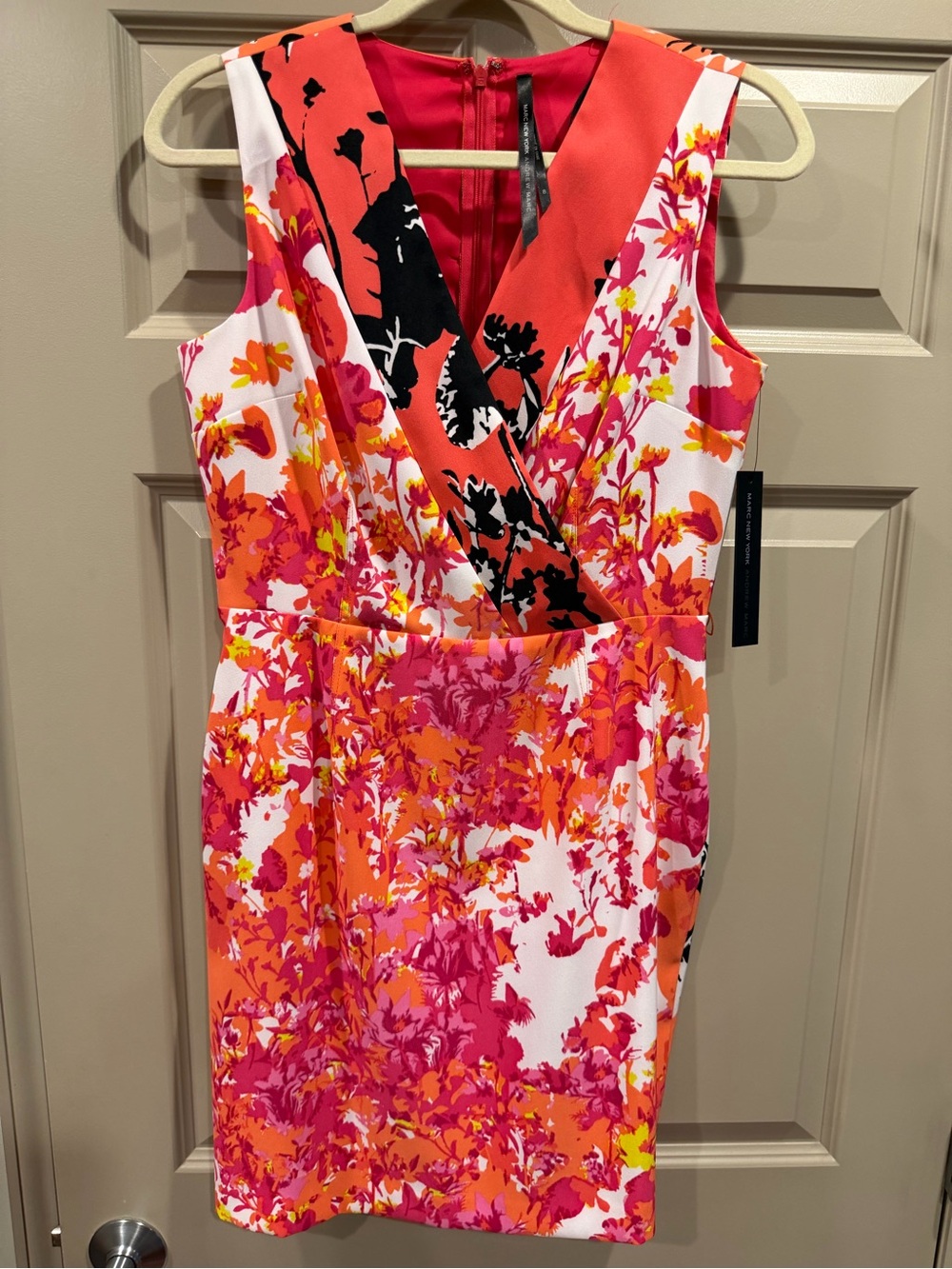 NWTs Andrew Marc New York Print Surplice Sheath Dress - Pink & Orange